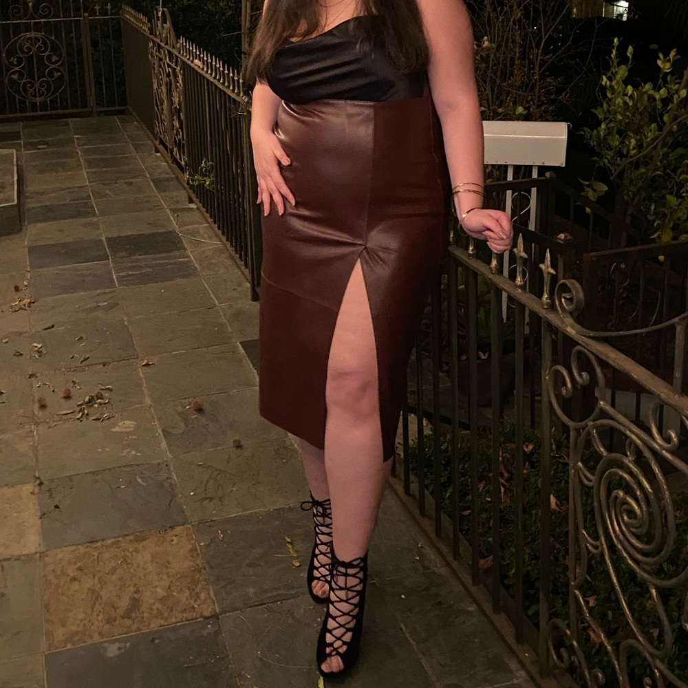 Faux leather midi skirt with slit